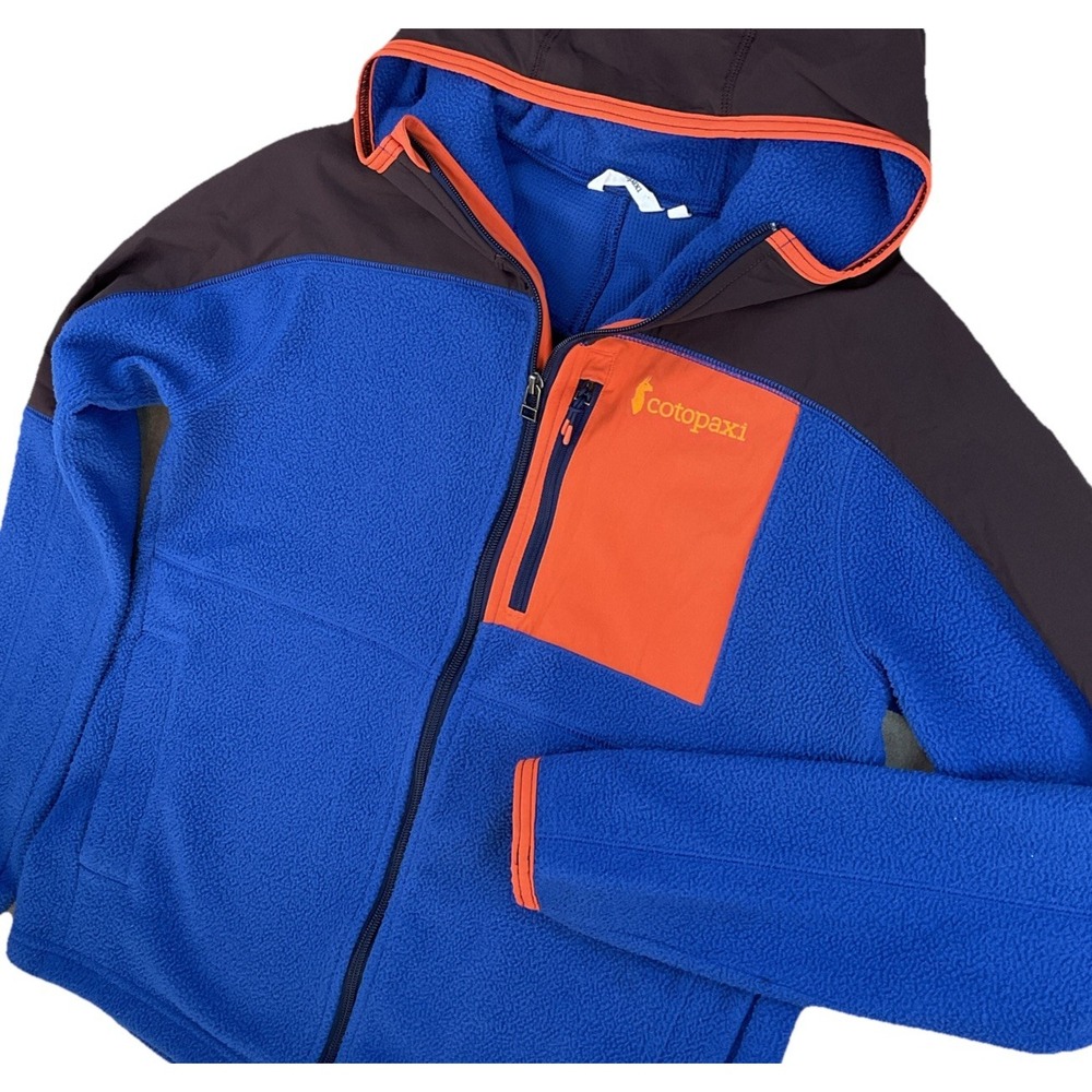 Cotopaxi Fleece Jacket Mens Sz‎ S Hooded Full Zip Colorblock Brown Blue Pockets